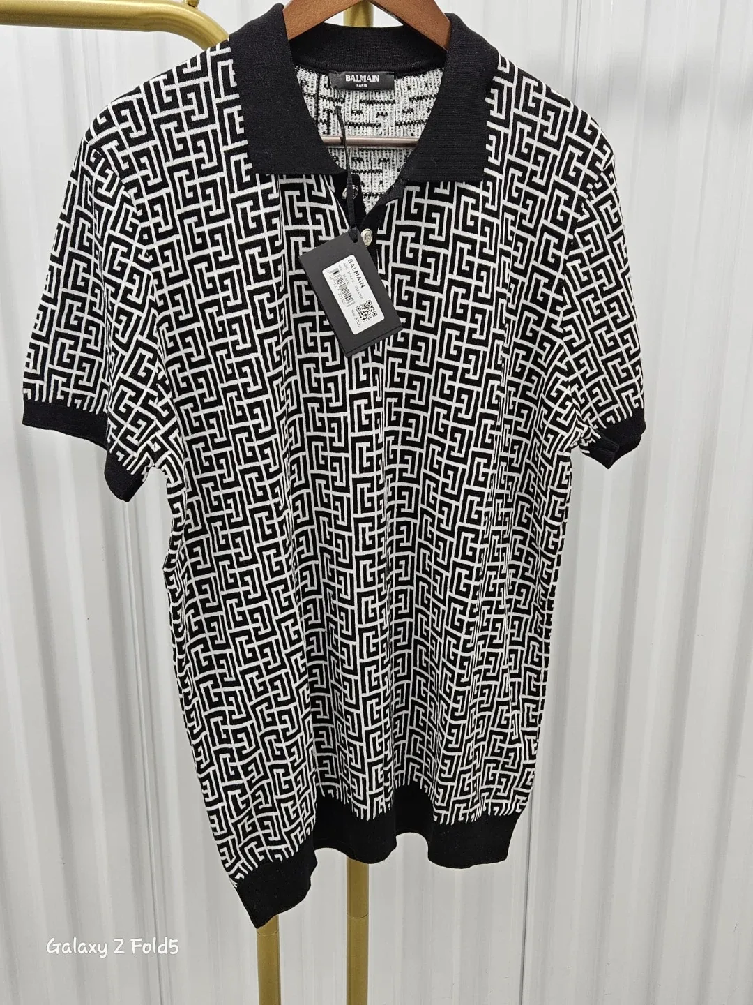 Balmain Black & White Patterned Polo Shirt