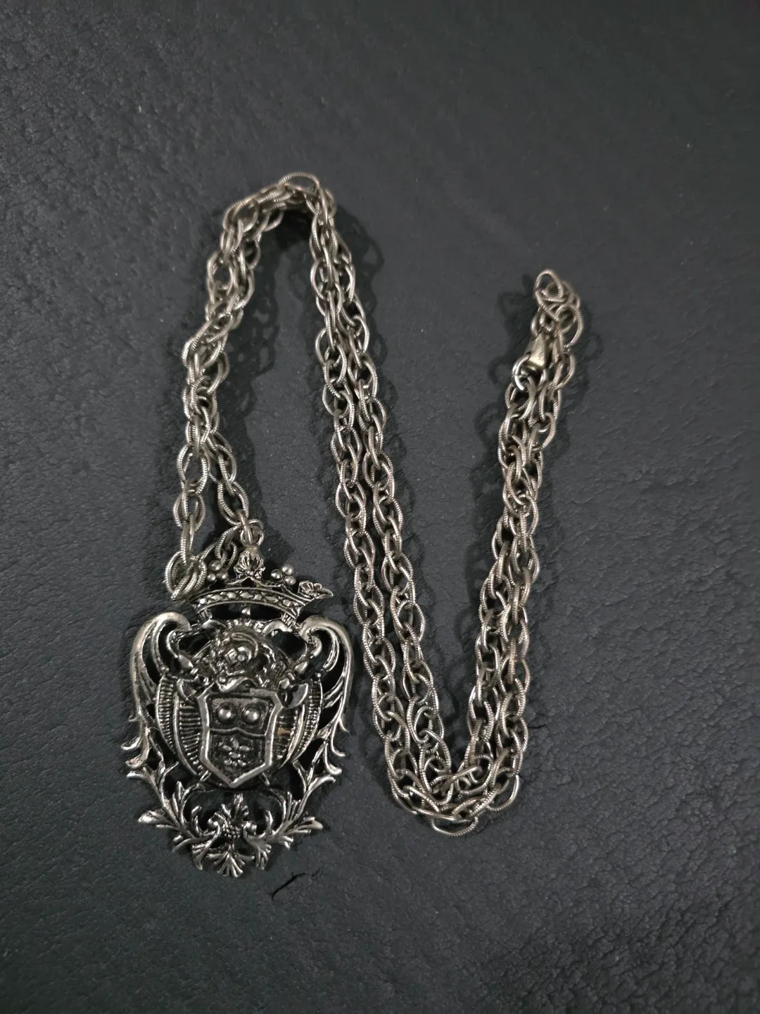 Vintage Coro Heraldic Coat of Arms Silver Tone Pendant Necklace thumbnail