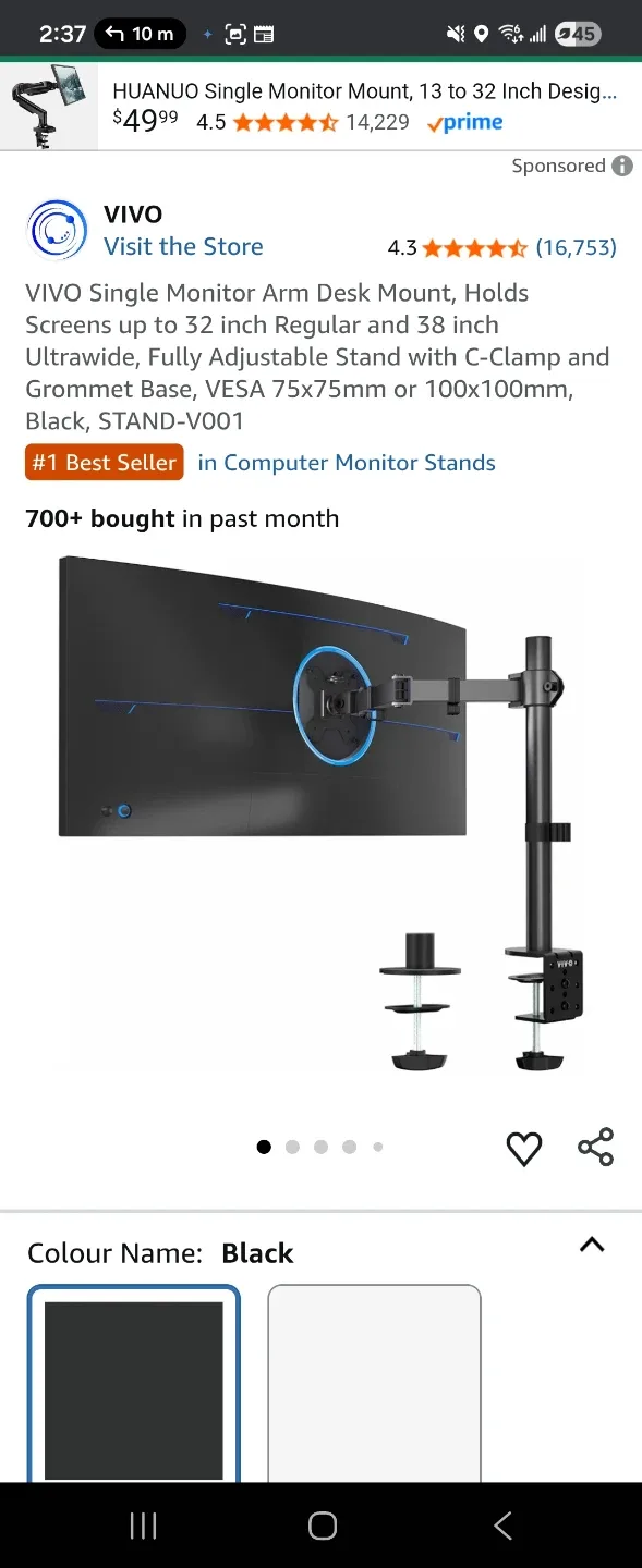 VIVO Single Monitor Arm Desk Mount - Black image indicator(2)