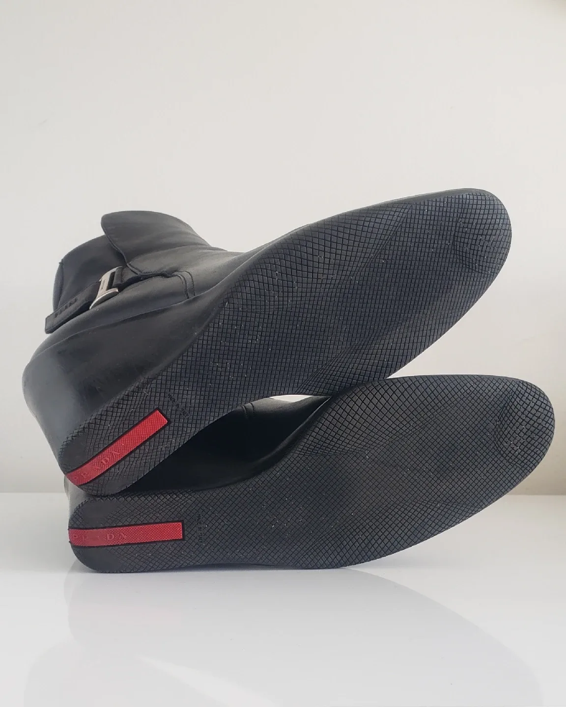 Prada Black Leather Wedge Boots Sz 38 image indicator(4)