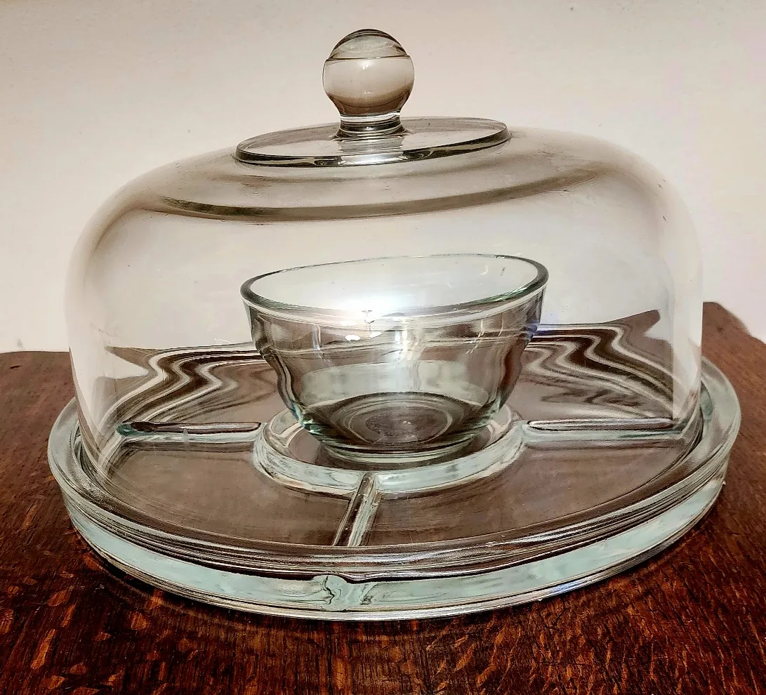 Vintage Glass Serving Platter with Bowl & Lid
