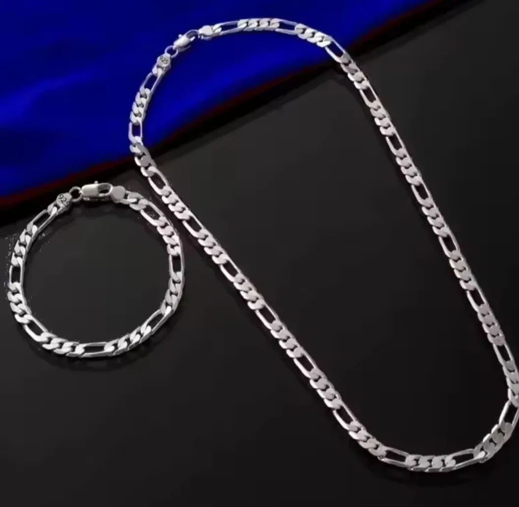 Silver Figaro Chain Necklace and Bracelet Set image indicator(3)