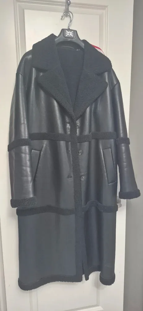 Black Faux Leather & Shearling Trim Coat