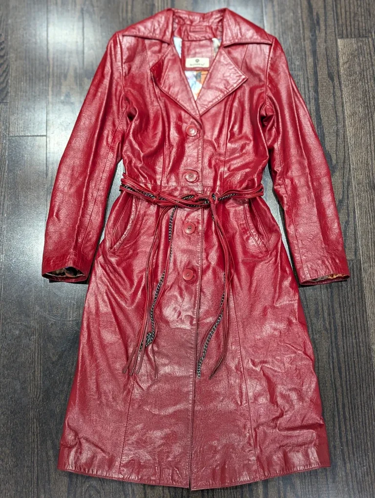 Red Genuine Leather Trench Coat size S image indicator(2)