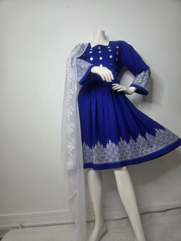 Blue Dress with White Embroidery machine Made