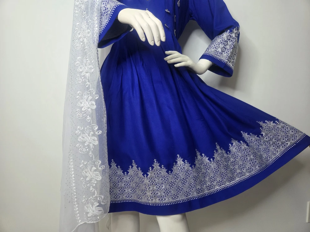 Blue Dress with White Embroidery machine Made - photo 2