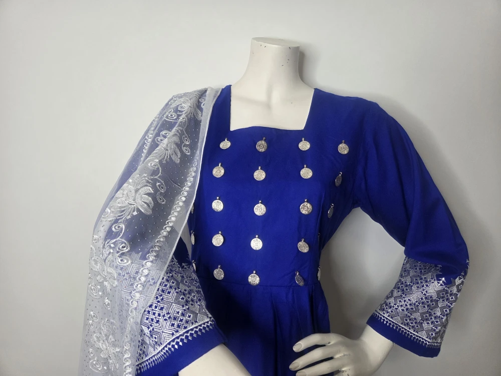 Blue Dress with White Embroidery machine Made - photo 3