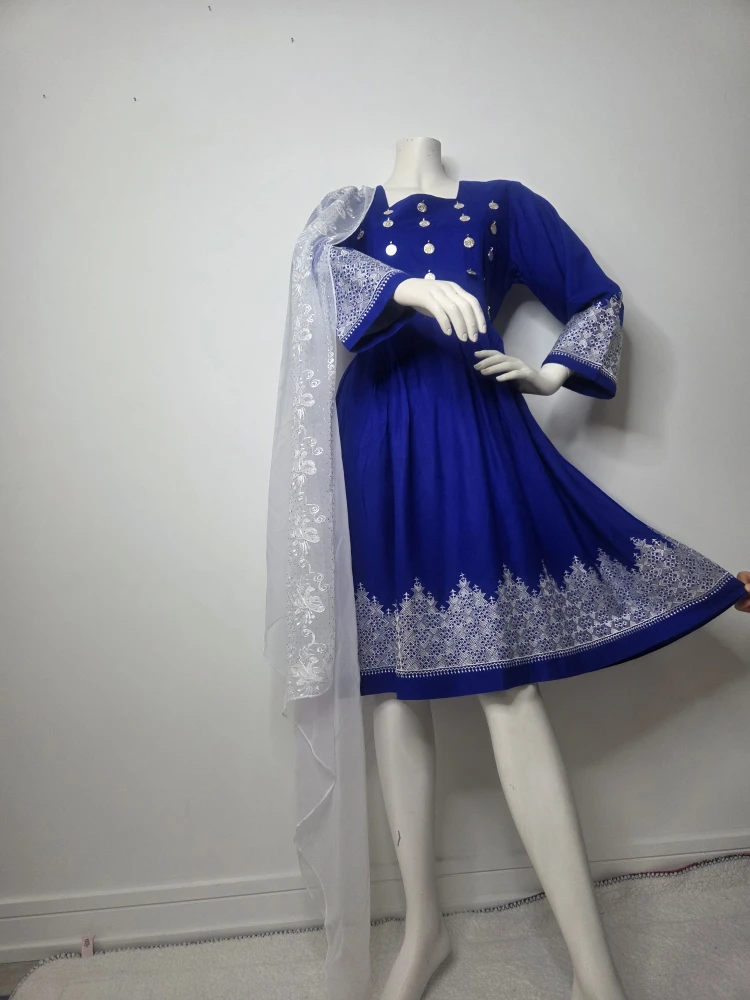 Blue Dress with White Embroidery machine Made - photo 4