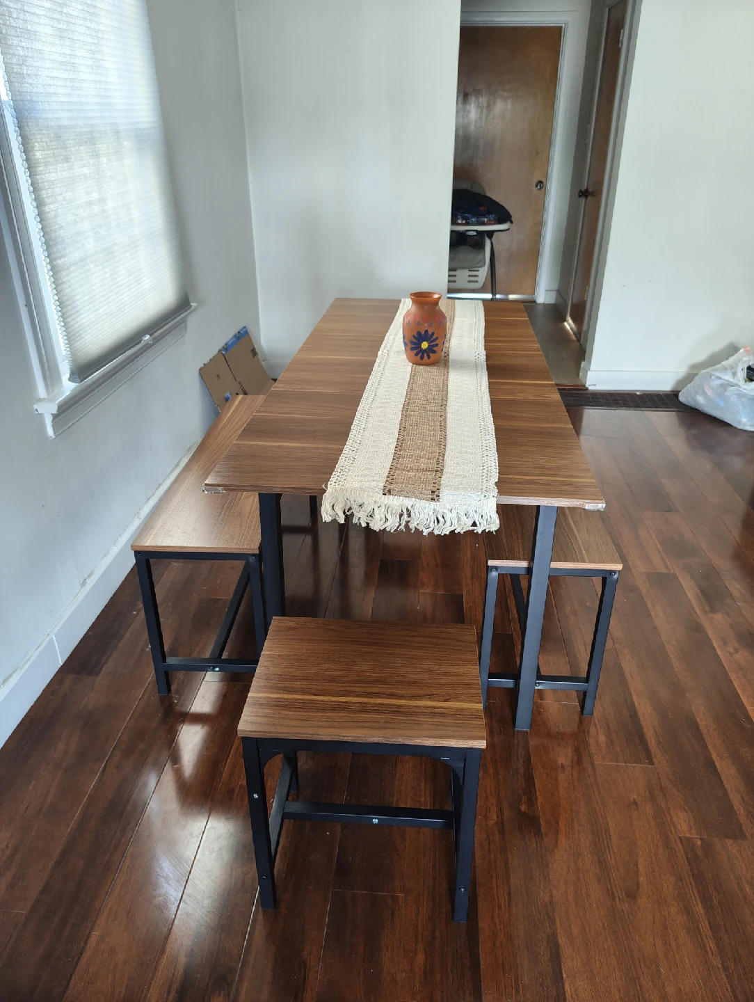Dining Table Set: Table, 2 Benches, 2 Stools