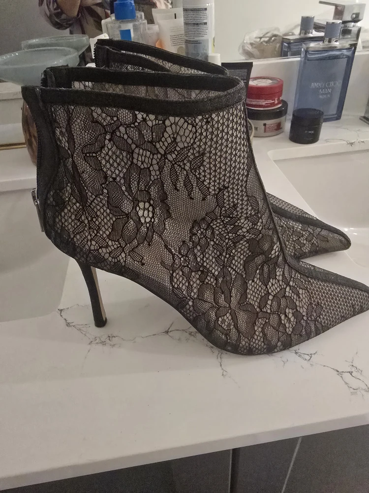 Lace Pointed-Toe Heeled Booties by Bangley Mishka