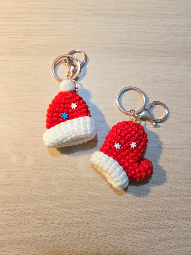 Handmade Crochet Christmas Beanie & Mitten Keychains, gift