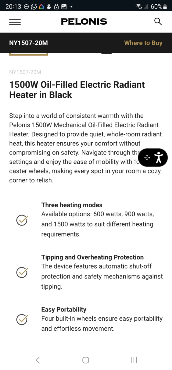 Pelonis 1500W Oil-Filled Electric Radiant Heater - photo 3