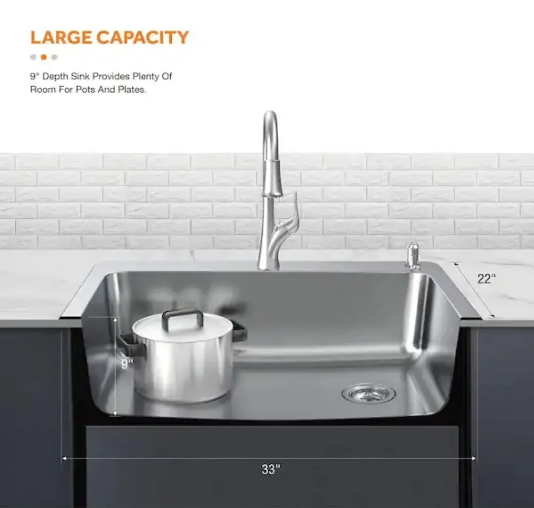 Stainless Steel Kitchen Sink 33" x 22" x 9" image indicator(3)