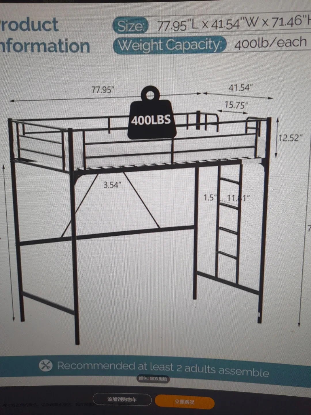 Black Metal Loft Bed Frame image indicator(2)