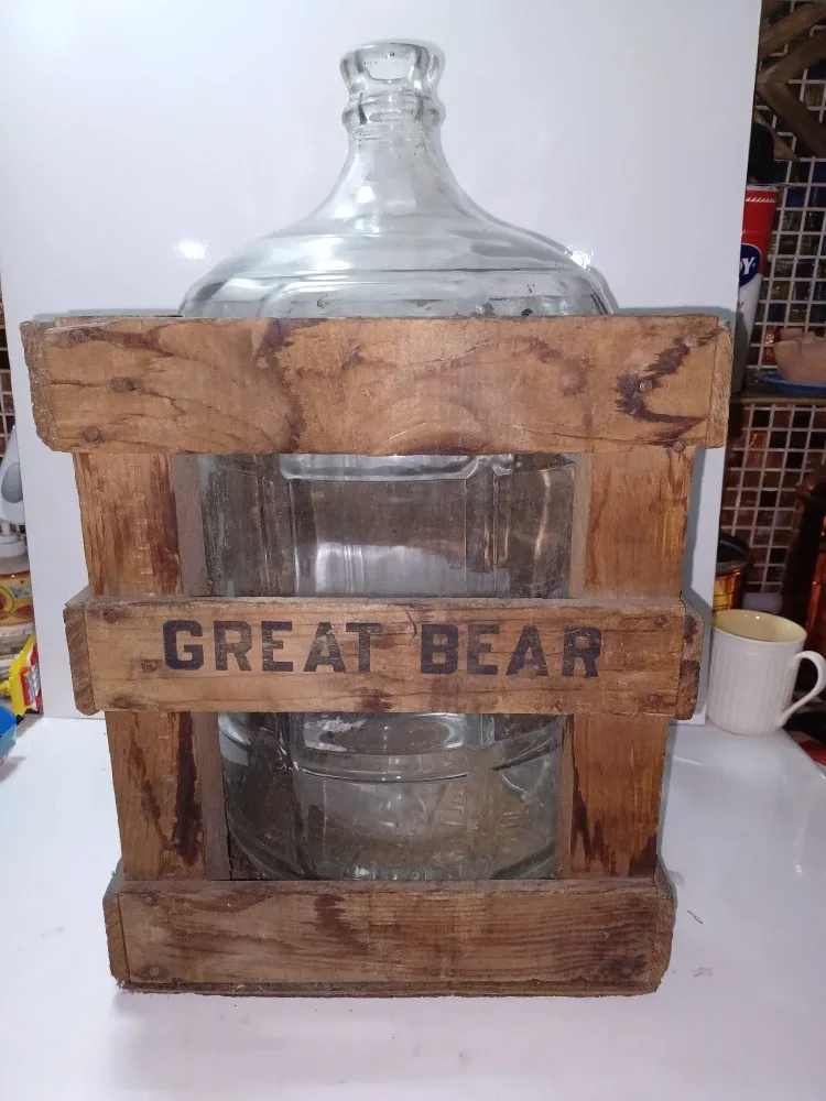 Vintage Great Bear Glass Water Bottle in Wooden Crate