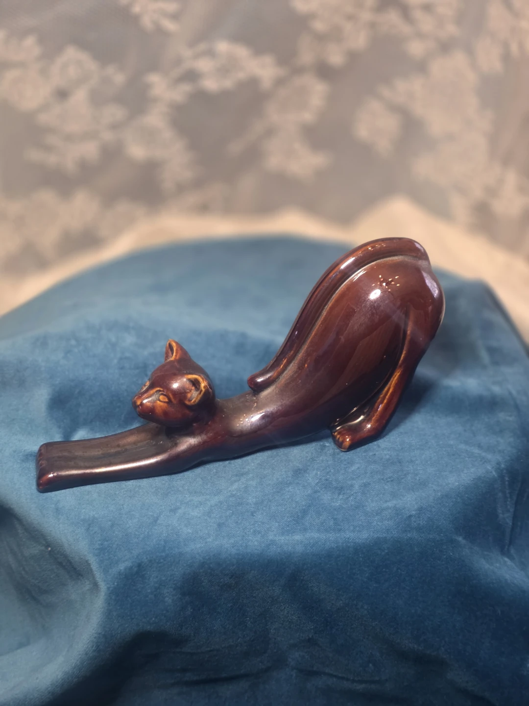 Vintage Brown Ceramic Stretching Cat Figurine