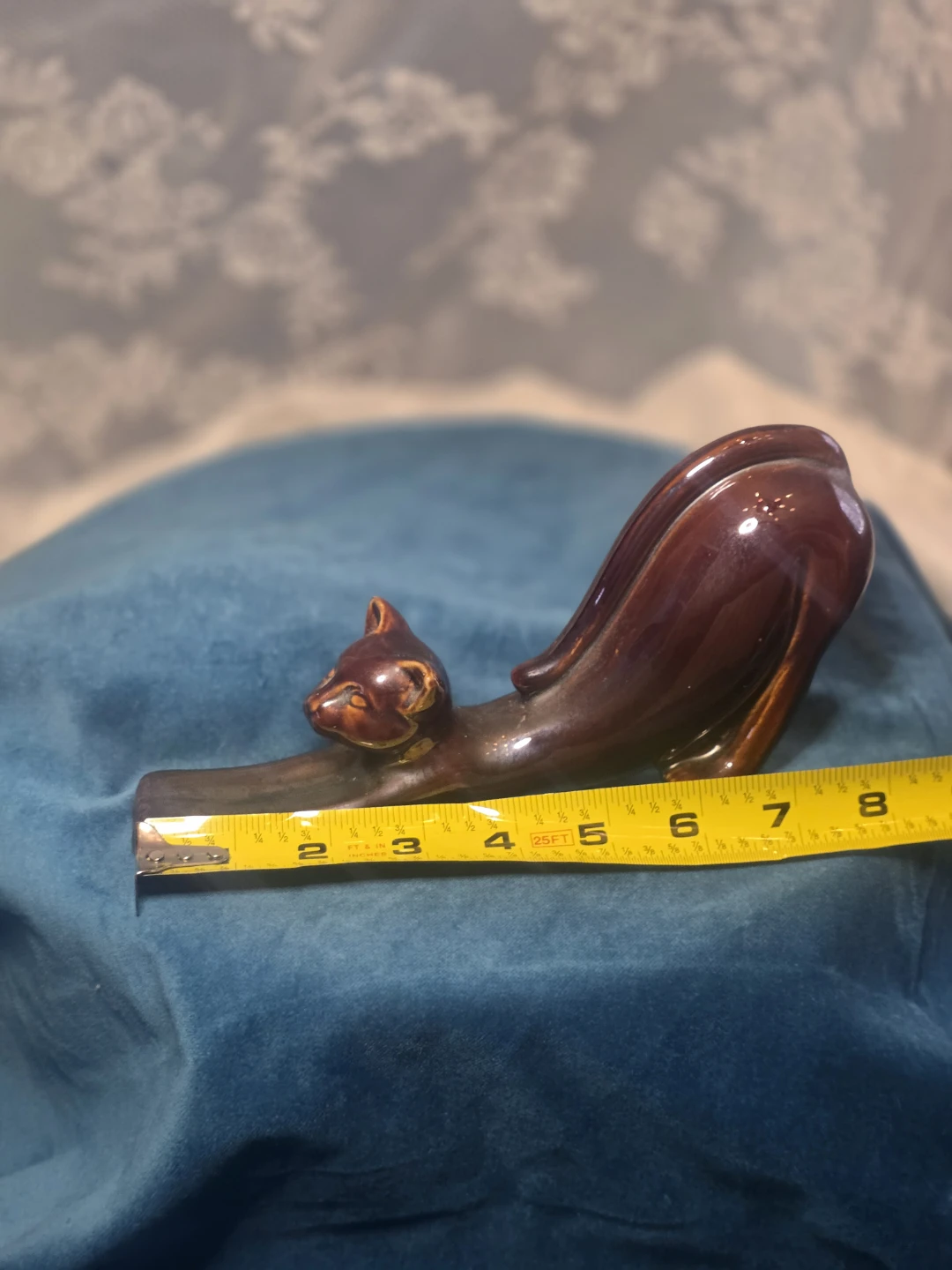 Vintage Brown Ceramic Stretching Cat Figurine - photo 5