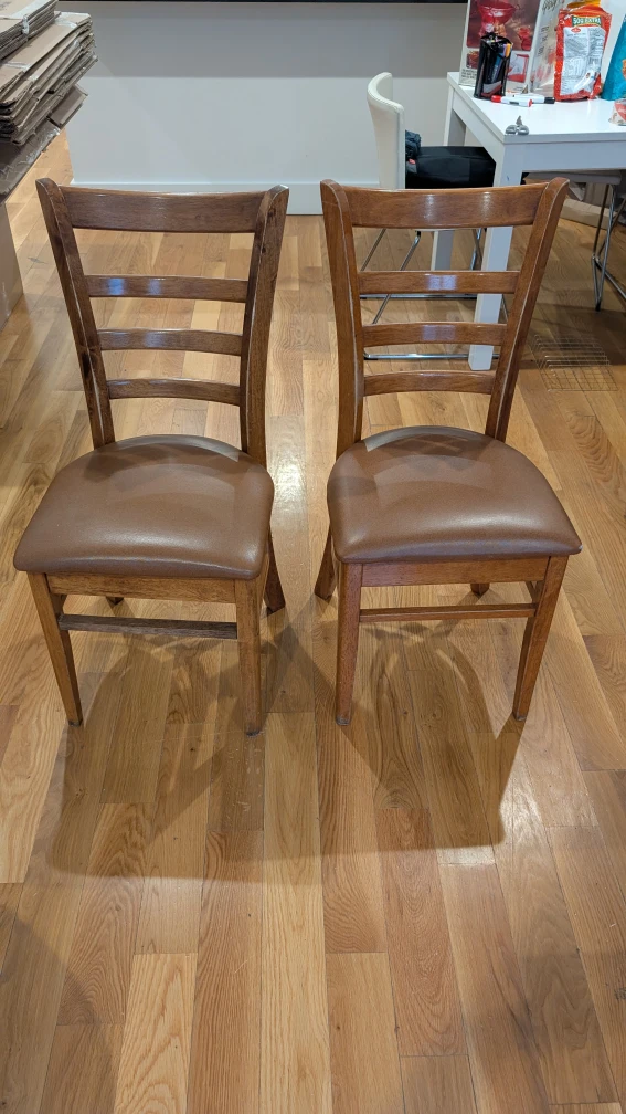 Wooden Dining Chairs with Brown Leather Seats - Set of 2