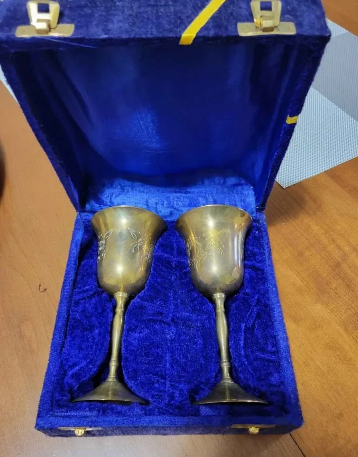 Vintage Brass Goblets Set in Blue Velvet Box image indicator(2)