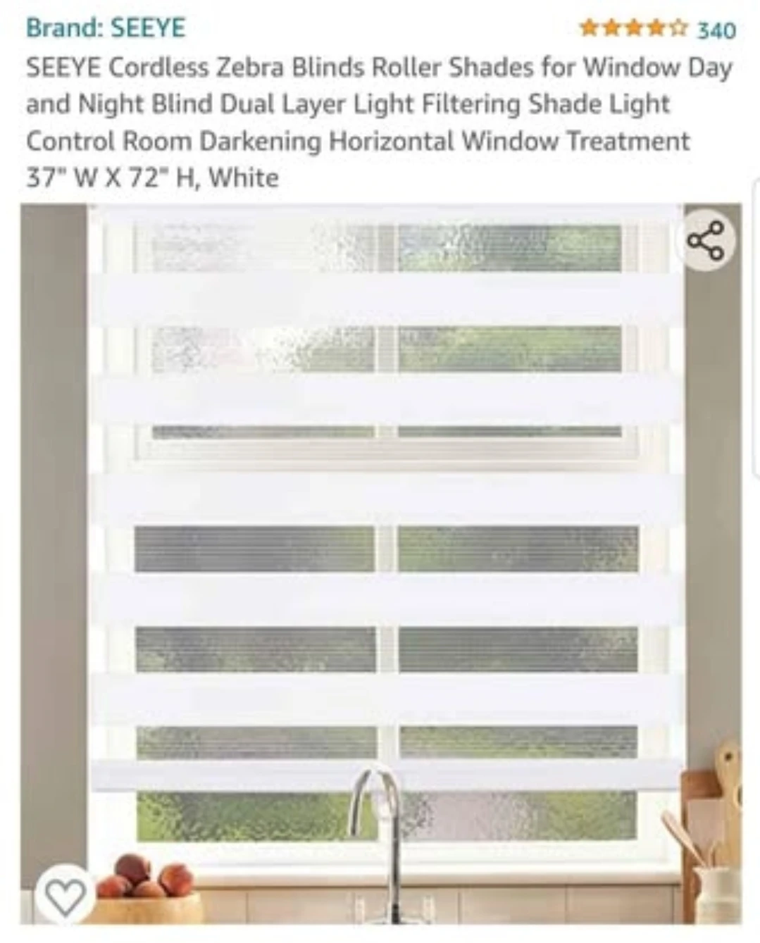 New Cordless Zebra Blind 37Wx72H - White