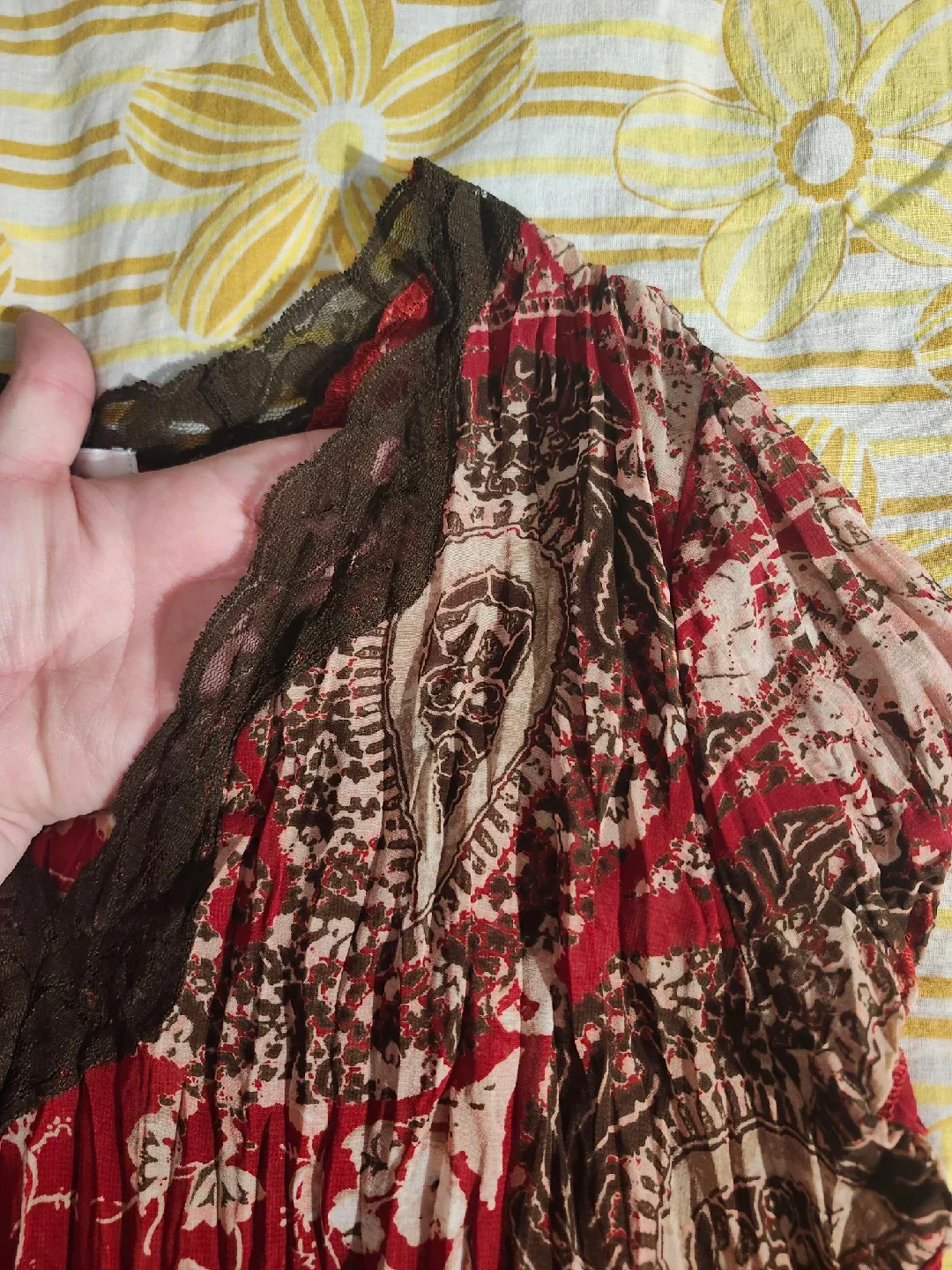 Red and brown paisley print blouse with lace trim and pleats image indicator(3)
