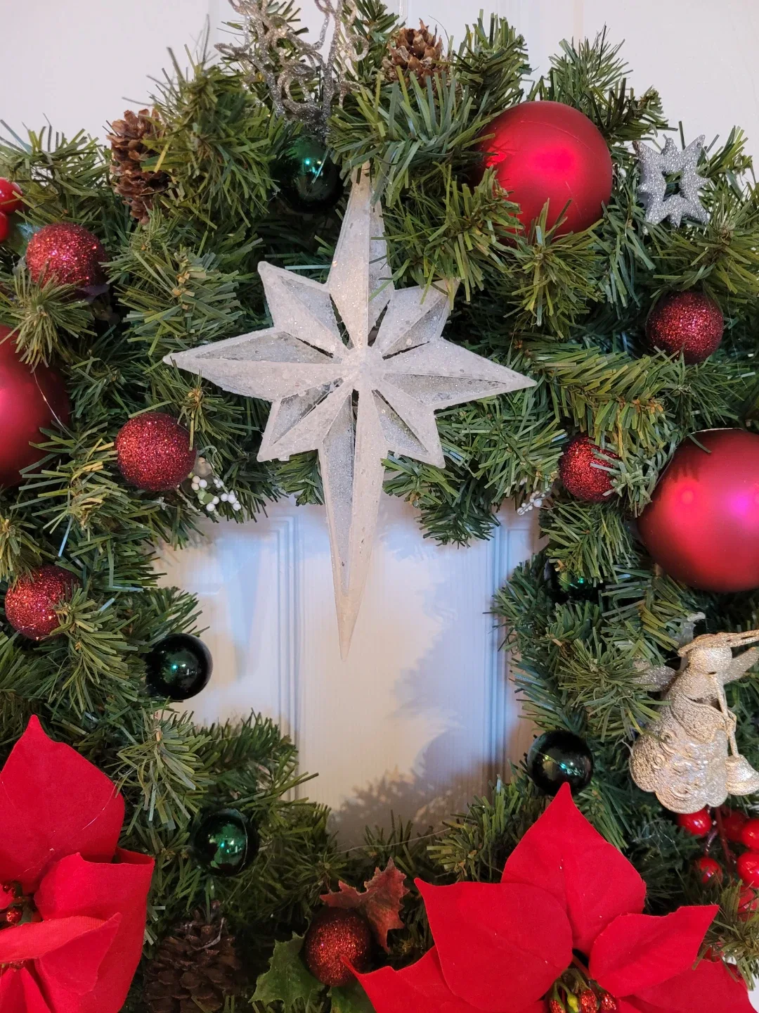 Crafted Christmas Wreath w/ Red Poinsettias & Ornaments 19" image indicator(5)