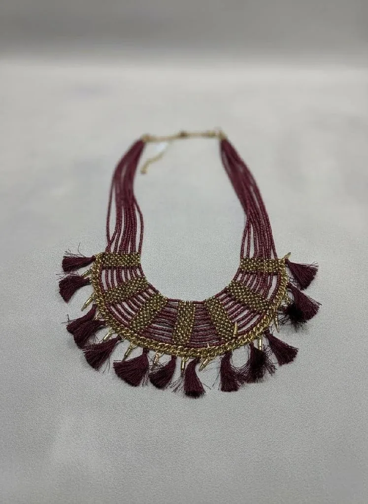 NEW✨ Vintage Gold Metal Maroon Woven Fabric Mult Strand