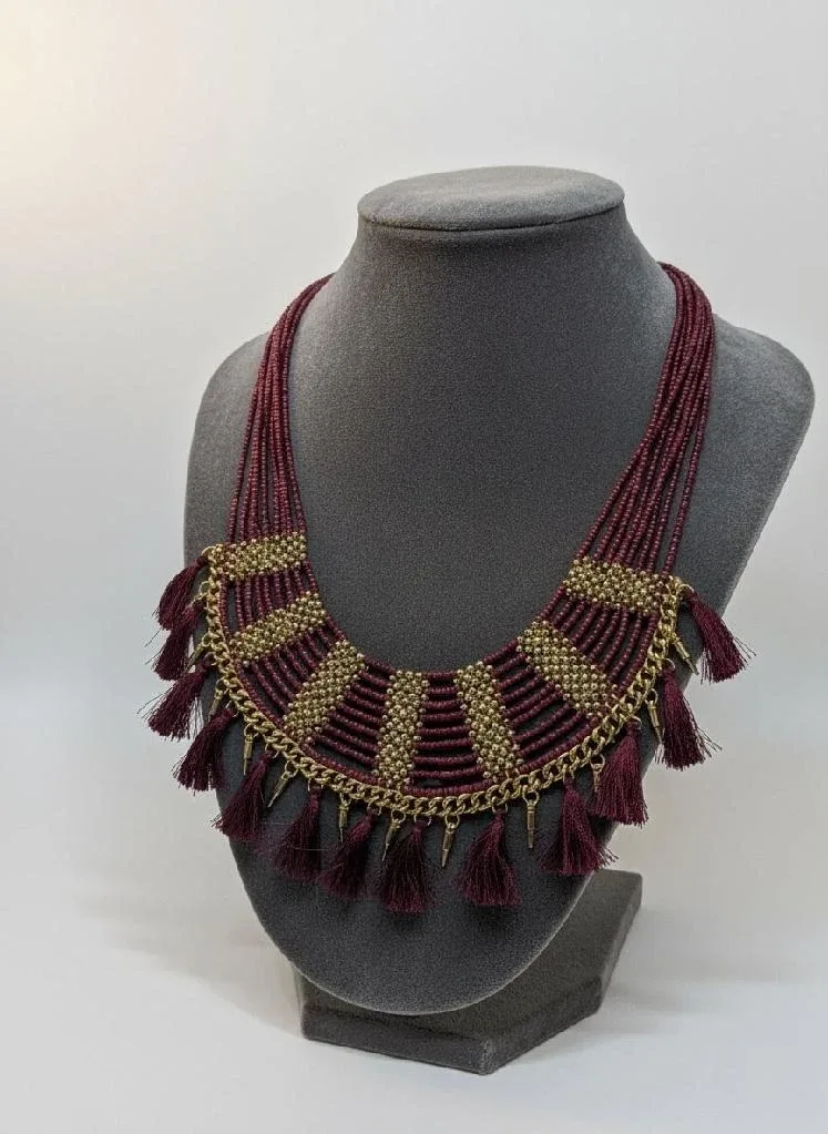 NEW✨ Vintage Gold Metal Maroon Woven Fabric Mult Strand image indicator(3)