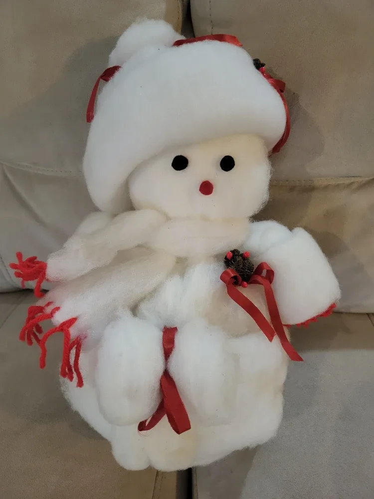White Snowman,  Batting Plushie with Red Ribbon