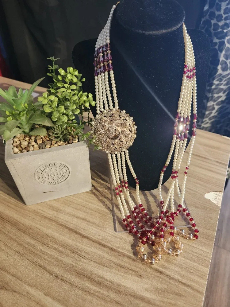 Beaded Necklace with Faux Pearls and Red Accents