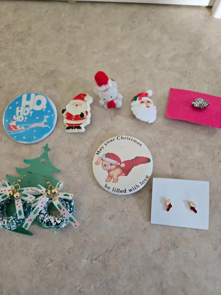 Christmas Themed Pins and Earrings