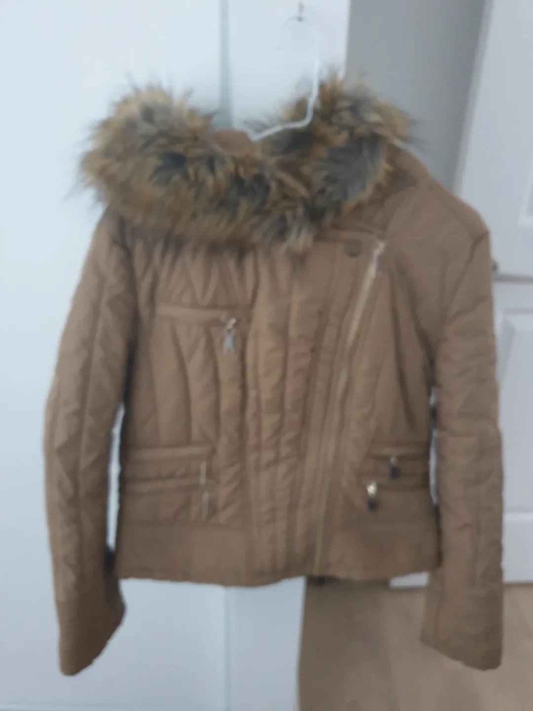 Tan Puffer Jacket with Fur Hood