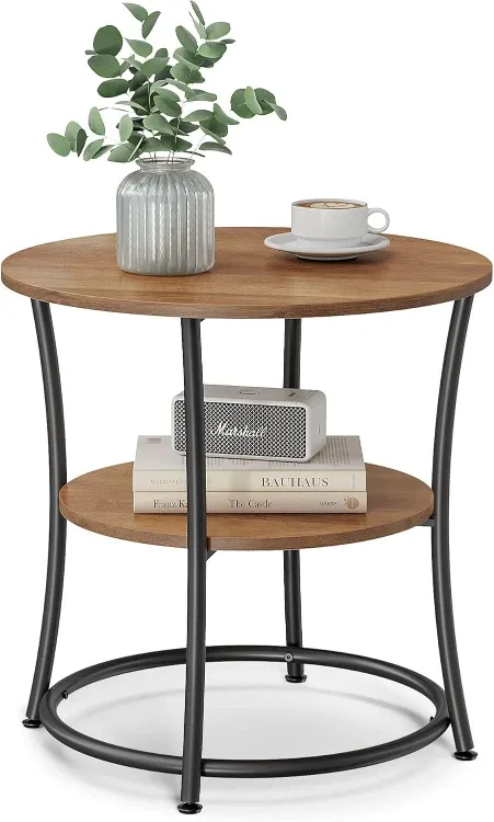 VASAGLE Round Side Table - Rustic Brown & Black