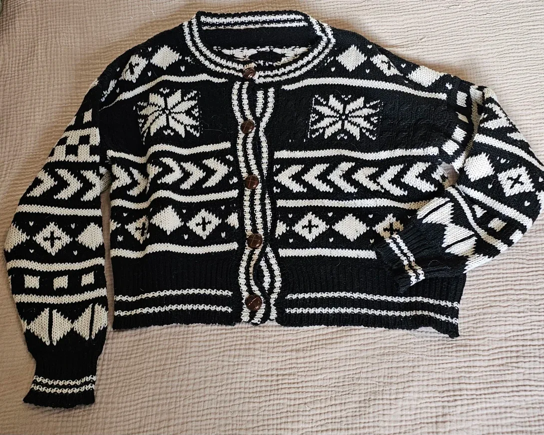Cozy Black & White Fair Isle Cardigan - Size Medium