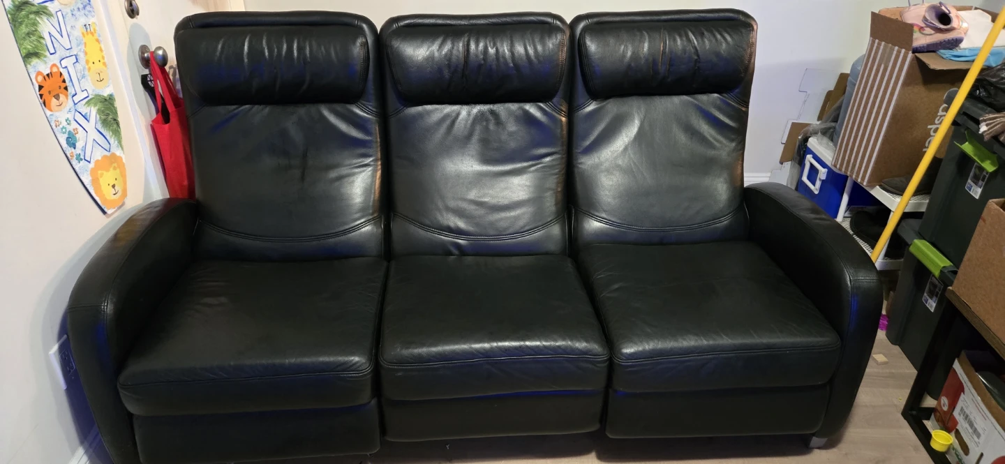 Black Leather Reclining 3-Seat Sofa