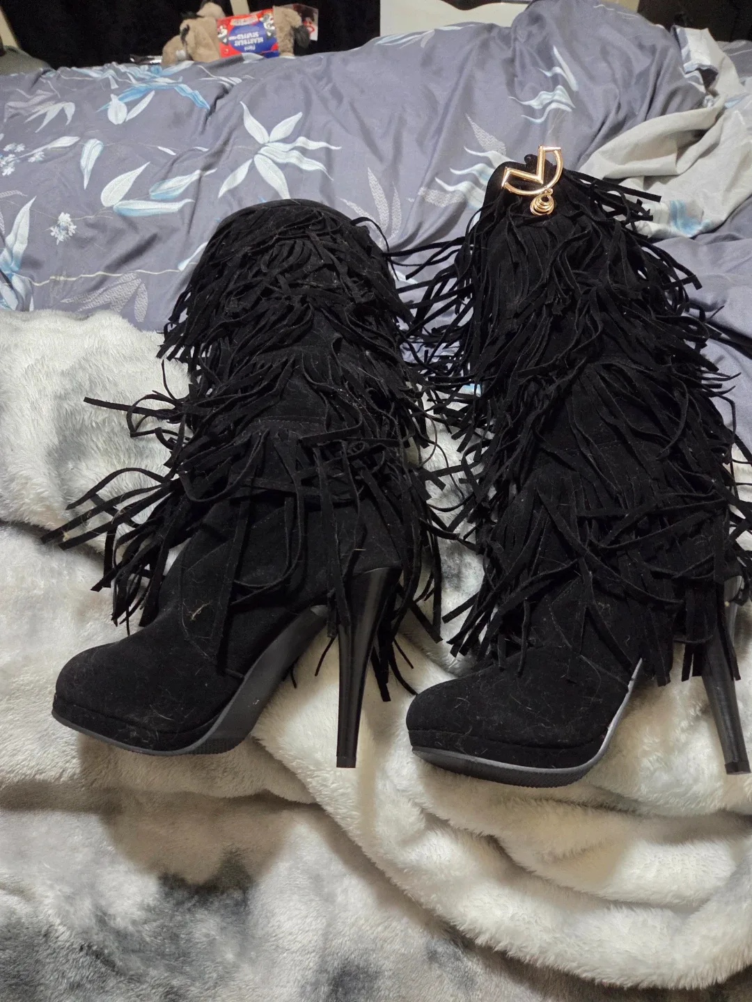Black Fringe High Heel Boots - Size 11 thumbnail
