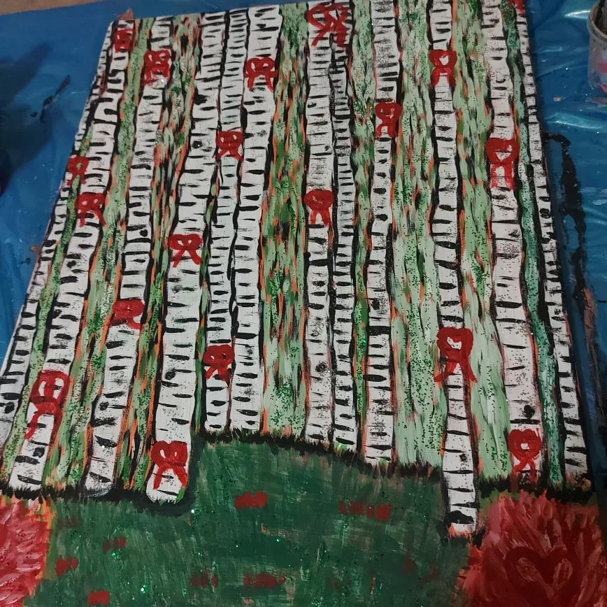 Birch Tree Painting with Red Bows