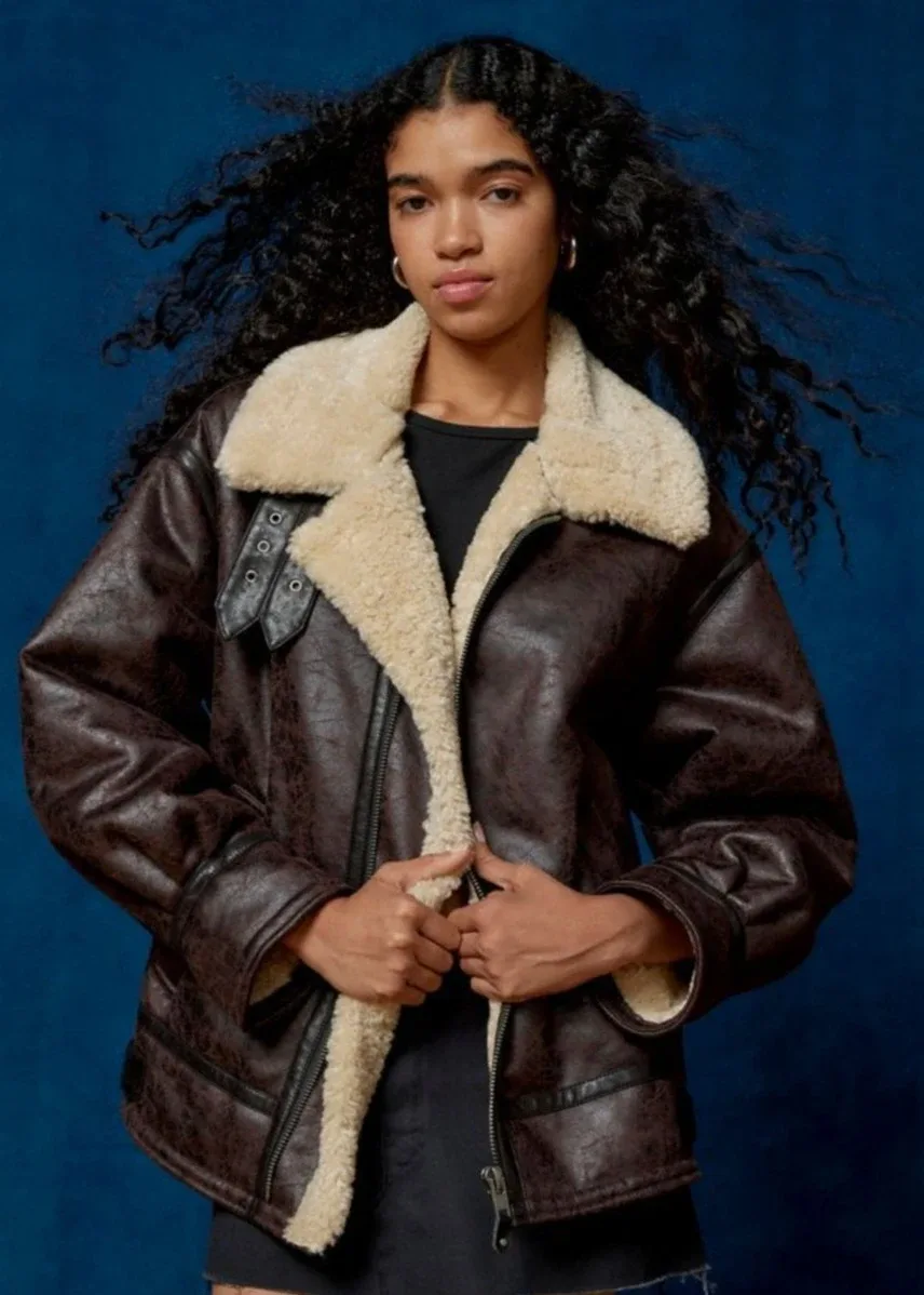 BDG Urban Outfitters Brown Faux Leather Shearling Aviator Coat image indicator(10)