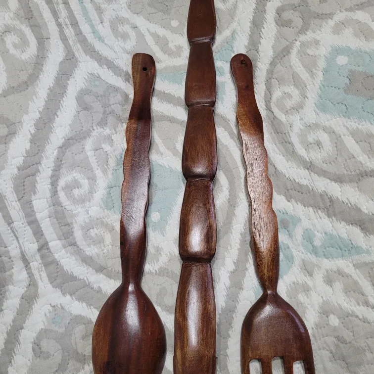 Wooden Fork Spoon Decor 17 1/2" Fork Spoon Set & Large 39" Spoon image indicator(4)