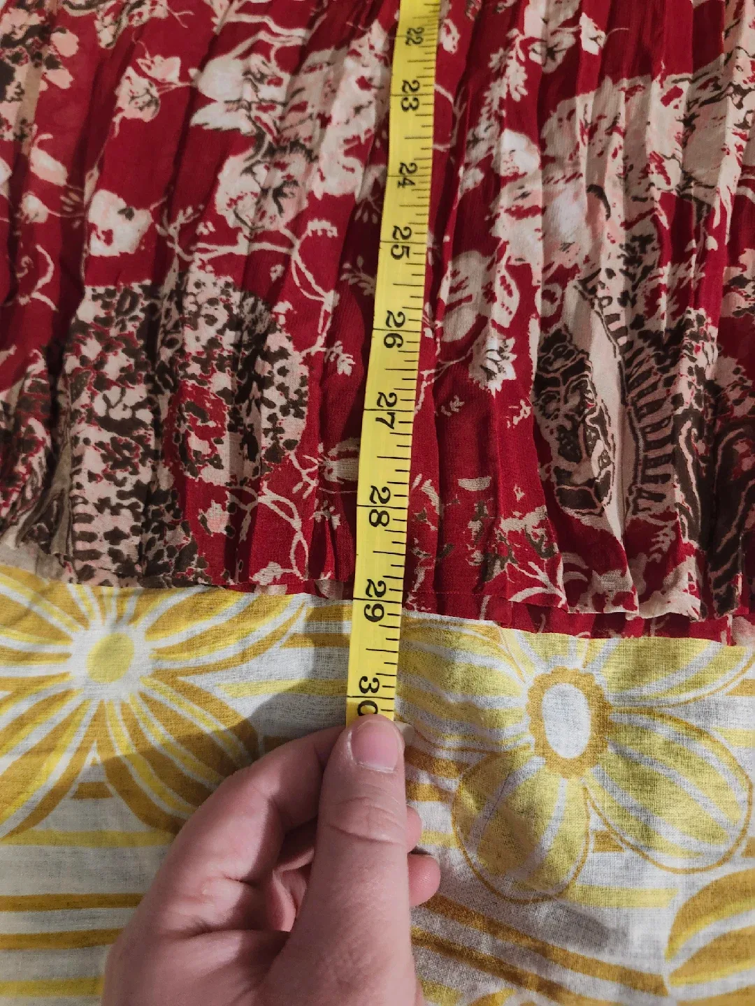 Red and brown paisley print blouse with lace trim and pleats image indicator(8)