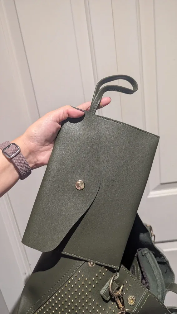 Olive Green Studded Leather Tote Bag & Pouch image indicator(2)