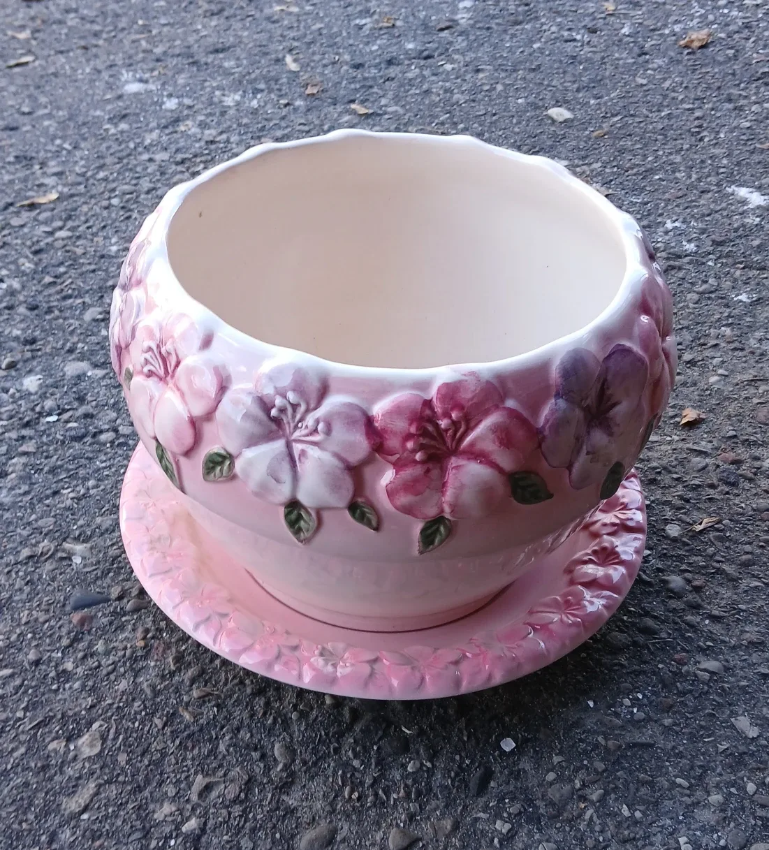 Pink Floral Embossed Ceramic Planter with Saucer