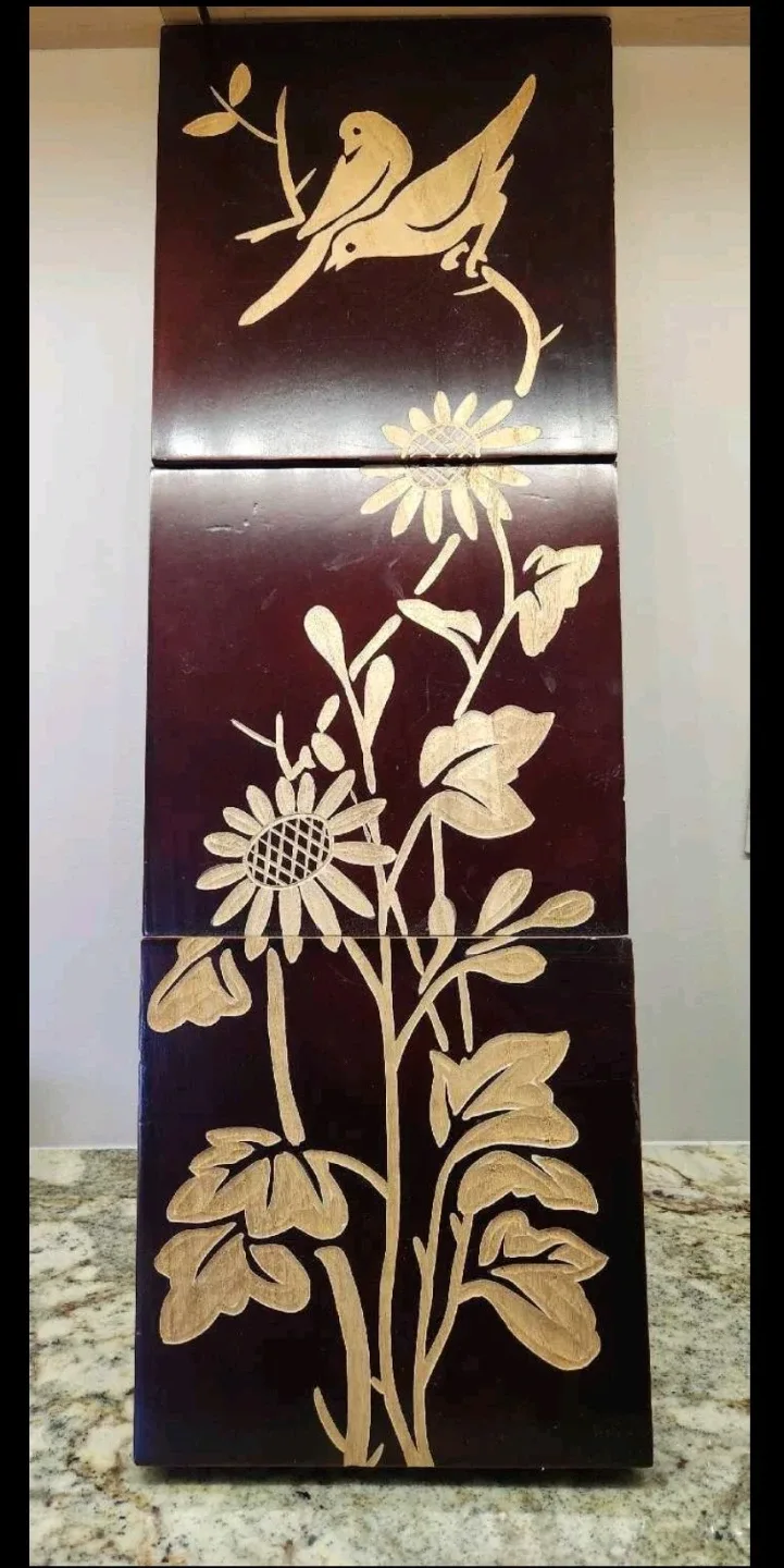 Wooden Wall Art Panel with Bird and Flower Design thumbnail