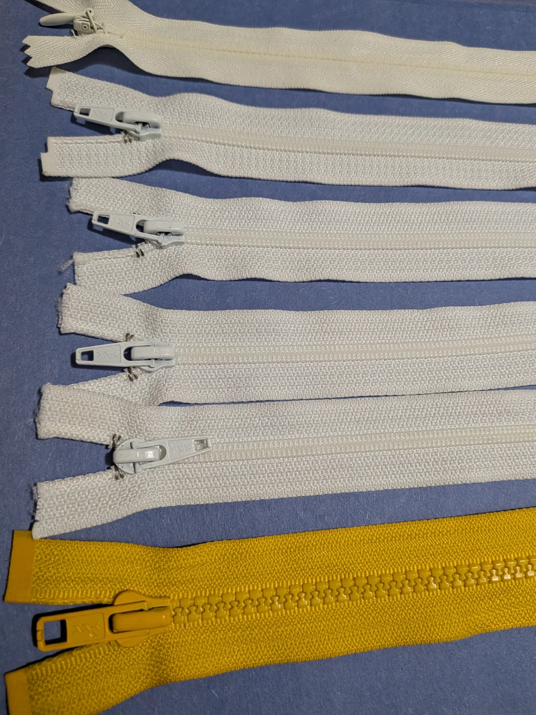 Six Assorted Zippers - White, cream & Yellow