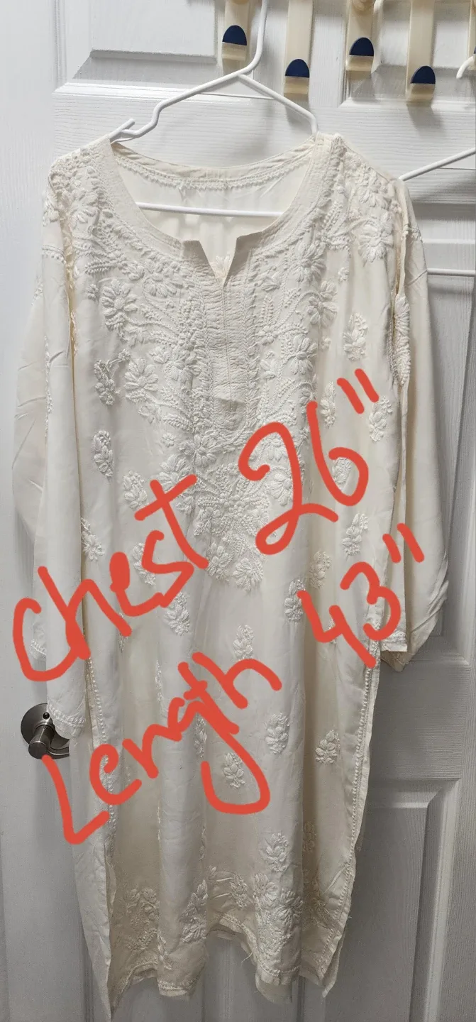 New White Embroidered Kurti - Chest 26", Length 43" 1 image indicator(2)