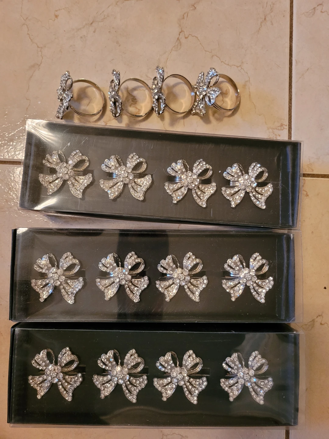Napkin Rings - Set of 16, Rhinestone Bow Design