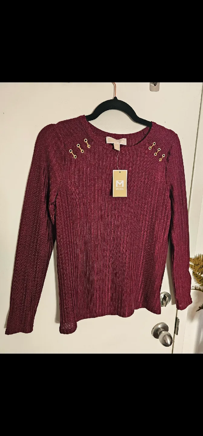 Michael Kors Burgundy Shimmery Long Sleeve Top Gold Brand New