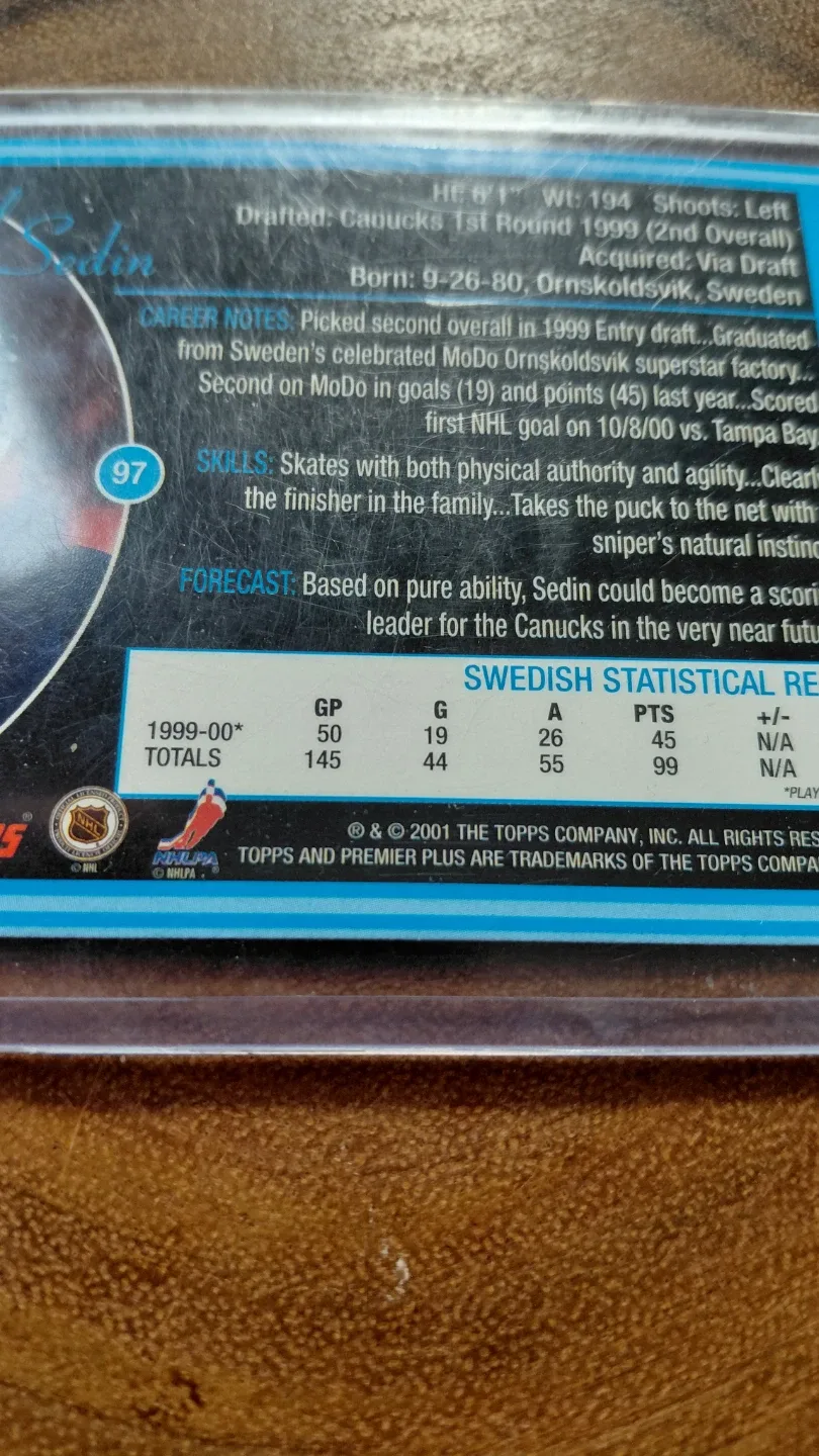 Daniel Sedin Topps Premier Plus Hockey Card Vancouver Canucks image indicator(3)