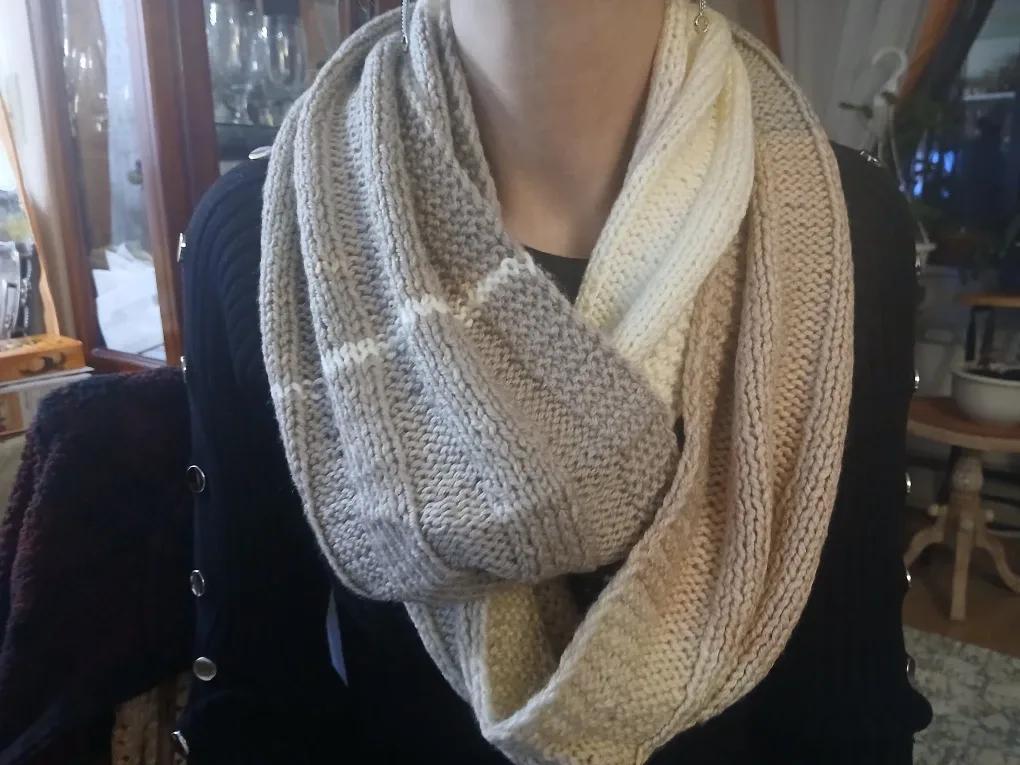 Handmade Knitted Infinity Scarf - Beige/White