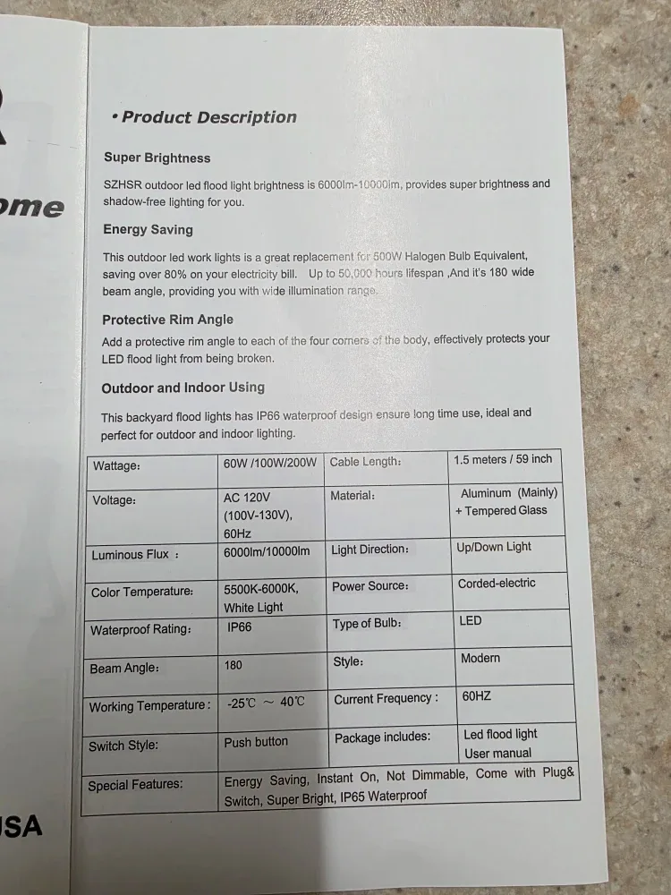 SZHSR/YAHEY 100W LED Flood Light - New in Box image indicator(4)